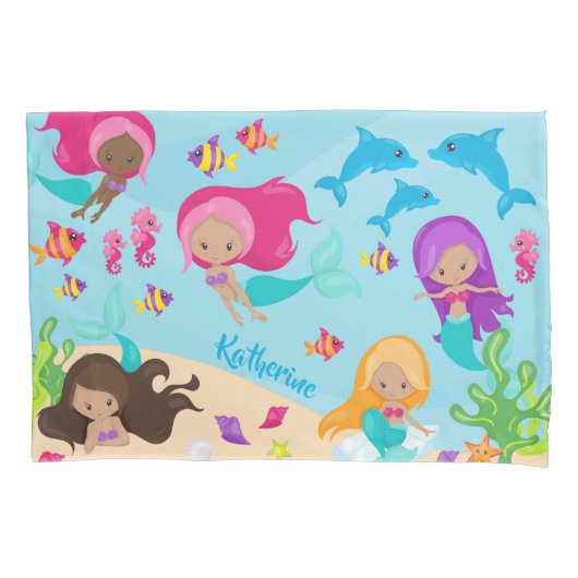 Cartoon Mermaid Little Girl onder het Zee Kussensloop (Voorkant)