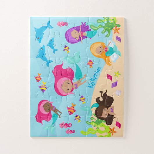 Cartoon Mermaid Little Girl onder het Zee Legpuzzel (Verticaal)