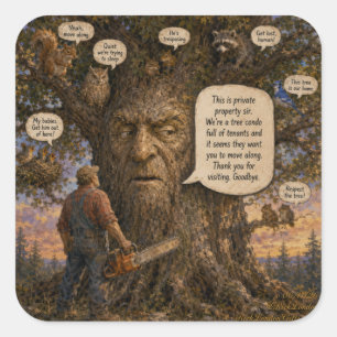 Cartoon met boomhuurders – De natuur spreekt! Vierkante Sticker