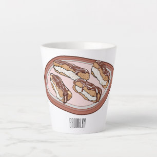 Cartoon met chocolade eclair latte mok