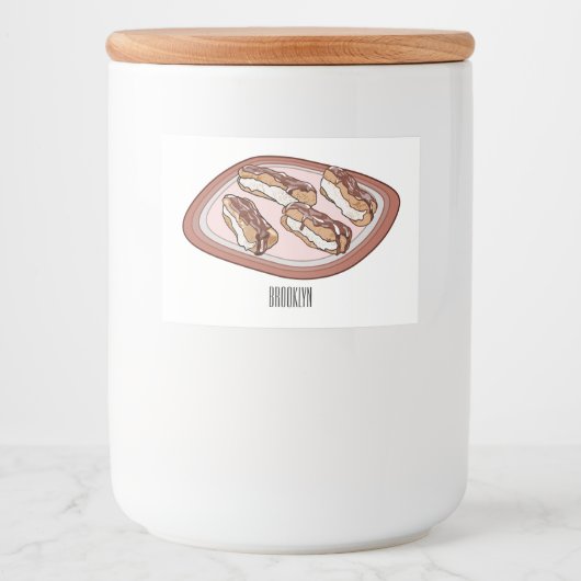 Cartoon met chocolade eclair voedselcontainer etiket (Voorkant)