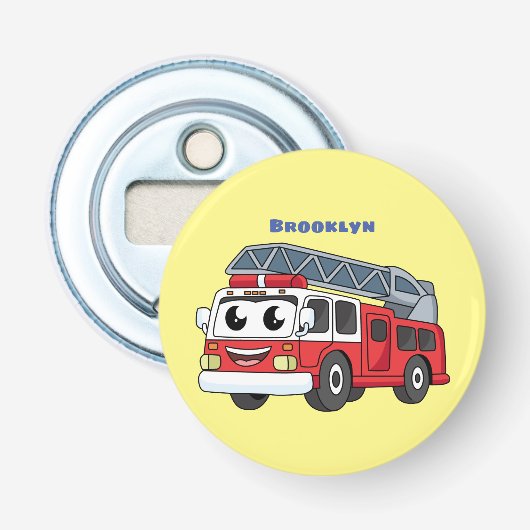 Cartoon met een brandblusmotor button flesopener (Voorkant)