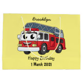 Cartoon met een brandblusmotor groot cadeauzakje (Achterkant)