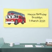 Cartoon met een brandblusmotor spandoek (Beurs)