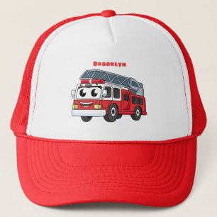 Cartoon met een brandblusmotor trucker pet
