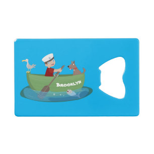 Cartoon met een staartjongen en een hondenroeiboot creditkaart flessenopener