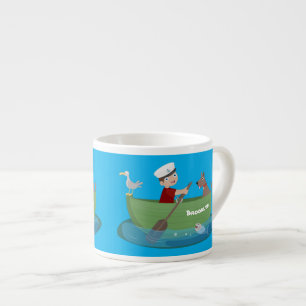 Cartoon met een staartjongen en een hondenroeiboot espresso kop