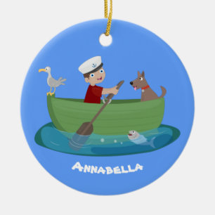 Cartoon met een staartjongen en een hondenroeiboot keramisch ornament