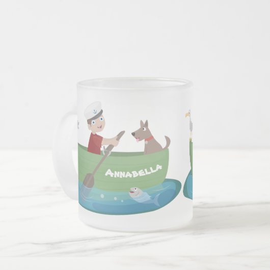Cartoon met een staartjongen en een hondenroeiboot matglas koffiemok (Voorkant links)