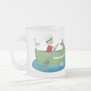 Cartoon met een staartjongen en een hondenroeiboot matglas koffiemok