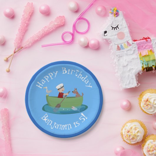 Cartoon met een staartjongen en een hondenroeiboot papieren bordje (Feest)