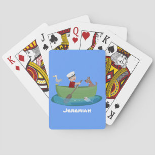 Cartoon met een staartjongen en een hondenroeiboot pokerkaarten