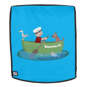 Cartoon met een staartjongen en een hondenroeiboot rugtassen