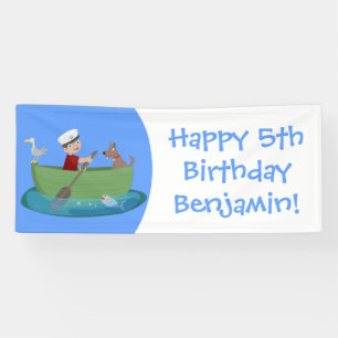 Cartoon met een staartjongen en een hondenroeiboot spandoek