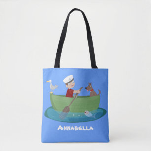Cartoon met een staartjongen en een hondenroeiboot tote bag