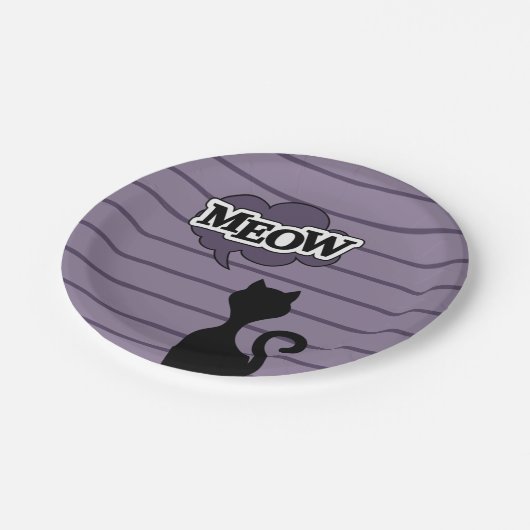 Cartoon met een zwarte kattepoot zegt mauw papieren bordje (Gekanteld)