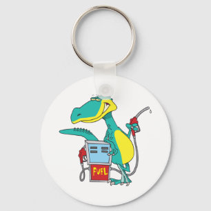 cartoon met fossiele brandstofpomp in dinosaurusga sleutelhanger
