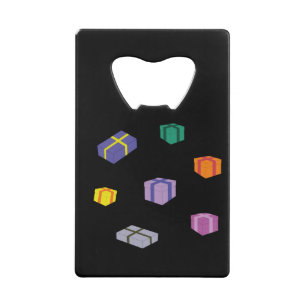 Cartoon met gekleurde cadeaudozen creditkaart flessenopener