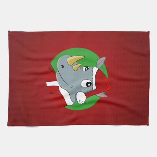 Cartoon met kerstrinoceros theedoek (Horizontaal)