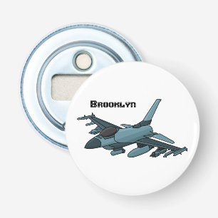 Cartoon militair jachtvliegtuig button flesopener