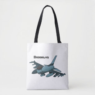 Cartoon militair jachtvliegtuig tote bag