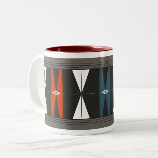 Cartoon MODern Pattern - rood, wit, blauw Tweekleurige Koffiemok (Voorkant links)