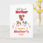 Cartoon moeder kind hond bloemen moederdag kaart (Gele Bloem)