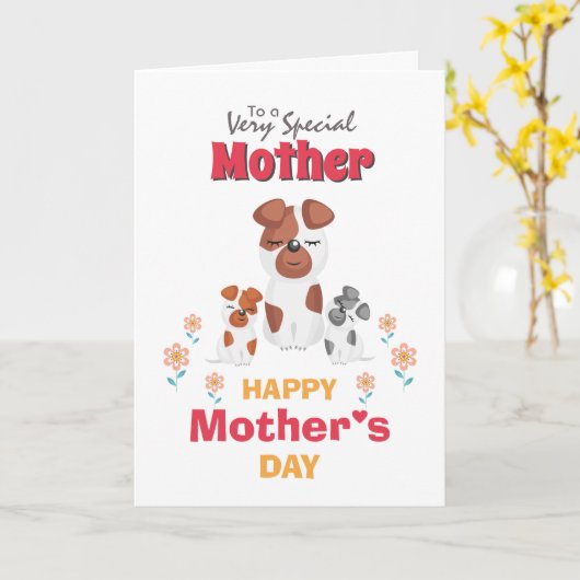 Cartoon moeder kind hond bloemen moederdag kaart (Gele Bloem)