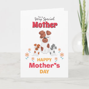 Cartoon moeder kind hond bloemen moederdag kaart