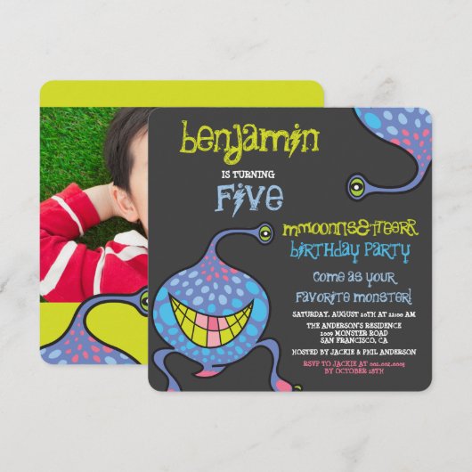 Cartoon Monster Alien Kids Verjaardagsfeest Uitnod Kaart (Voorkant / Achterkant)
