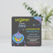 Cartoon Monster Alien Kids Verjaardagsfeest Uitnod Kaart (Staand voorkant)