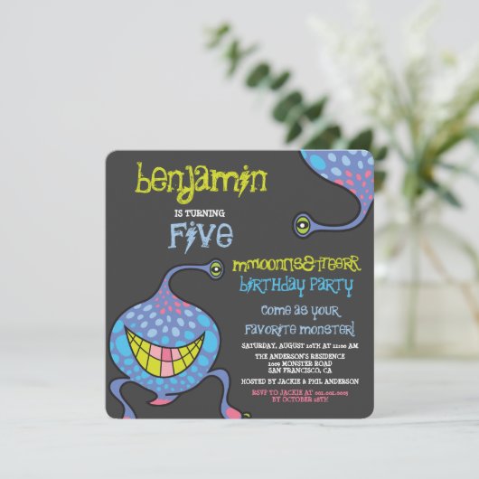 Cartoon Monster Alien Kids Verjaardagsfeest Uitnod Kaart (Staand voorkant)