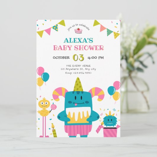 Cartoon monster baby shower kaart (Staand voorkant)