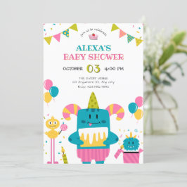 Cartoon monster baby shower kaart