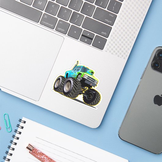 Cartoon monstertruck sticker (Laptop met iPhone)