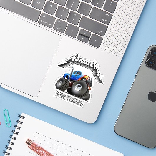 Cartoon monstertruck sticker (Laptop met iPhone)