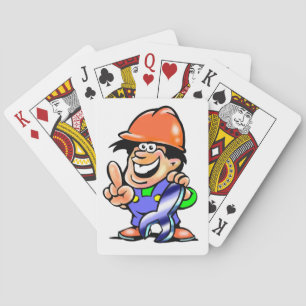 Cartoon monteur bouwvakker met sleutel pokerkaarten