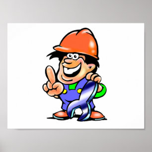 Cartoon monteur bouwvakker met sleutel poster