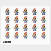 Cartoon monteur bouwvakker met sleutel ronde sticker (Vel)