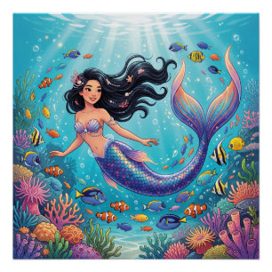 Cartoon mooie zeemeermin onder de zee  perfect poster