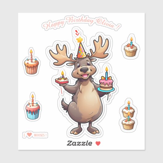 Cartoon Moose - Happy Birthday gepersonaliseerd Sticker (Vel)