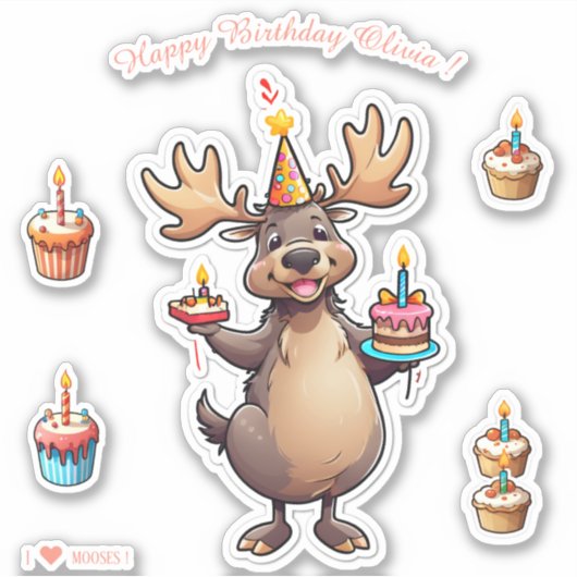 Cartoon Moose - Happy Birthday gepersonaliseerd Sticker (Voorkant)