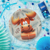 Cartoon Moose met Gift op Christmas Pattern Papieren Bordje (Feest)
