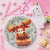 Cartoon Moose met Gift op Christmas Pattern Papieren Bordje (Feest)