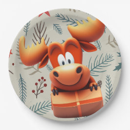 Cartoon Moose met Gift op Christmas Pattern Papieren Bordje