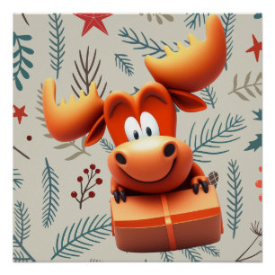 Cartoon Moose met Gift op Christmas Pattern Perfect Poster