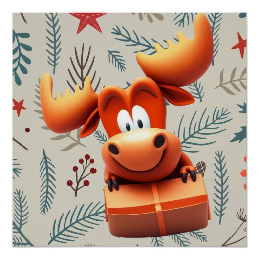Cartoon Moose met Gift op Christmas Pattern Perfect Poster (Voorkant)
