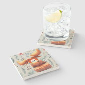 Cartoon Moose met Gift op Christmas Pattern Stenen Onderzetter (Zijkant)