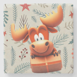 Cartoon Moose met Gift op Christmas Pattern Stenen Onderzetter