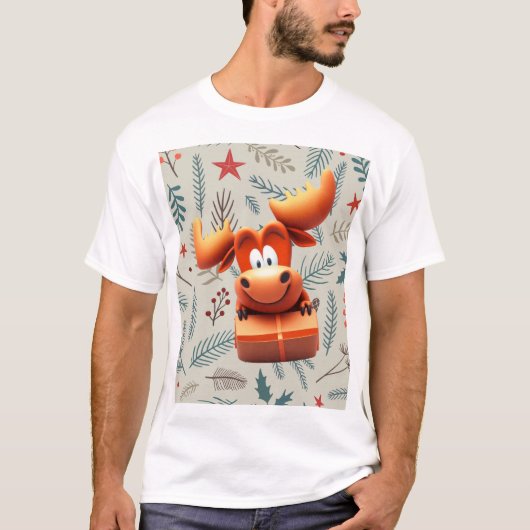 Cartoon Moose met Gift op Christmas Pattern T-shirt (Voorkant)